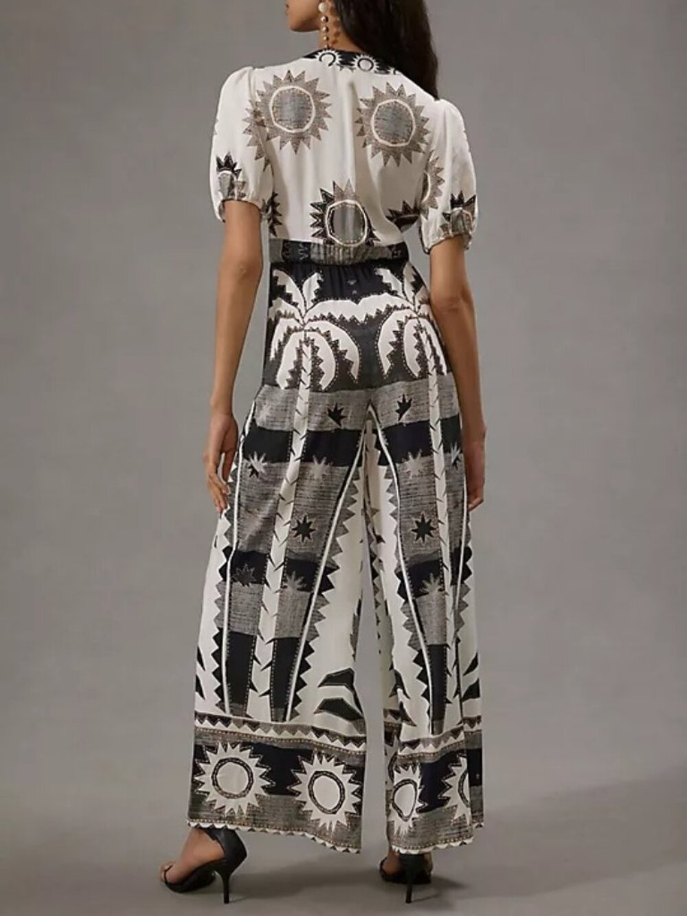 Farm Rio Puff-Sleeve Viscose Jumpsuit Celestial Palm Tree Pineapple Vacation S - Picture 2 of 16
